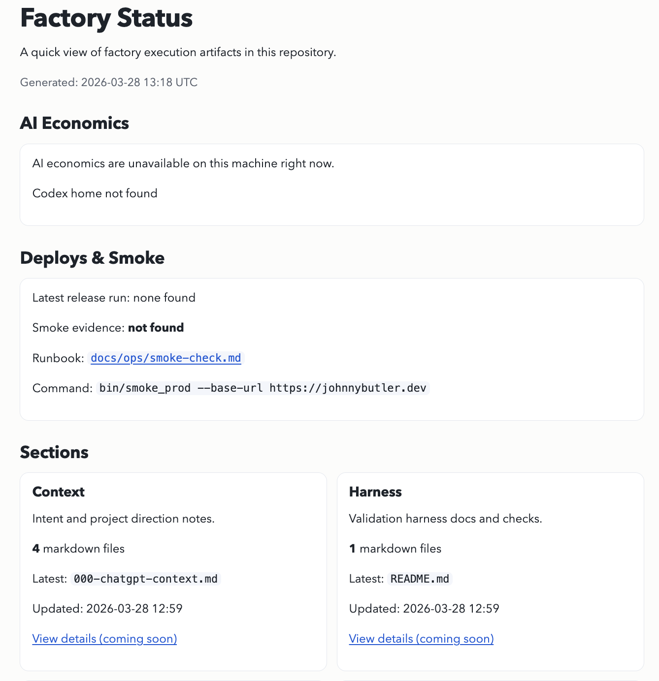 Factory Status dashboard showing AI economics, deploy and smoke data, and section summaries