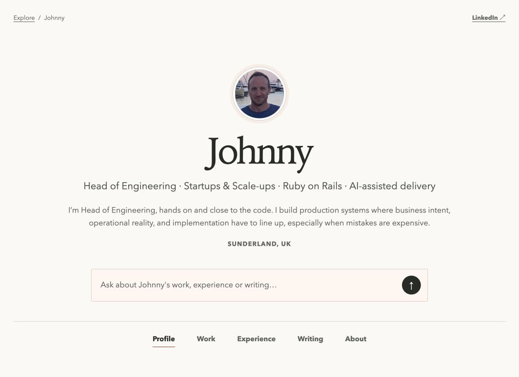 Johnny's real Explore profile showing his work, experience, writing, and Ask My Profile action