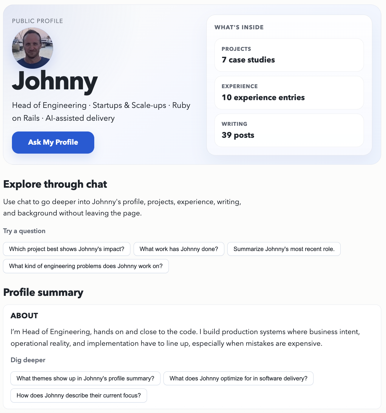 Example Explore profile showing chat entry points, content counts, and profile highlights